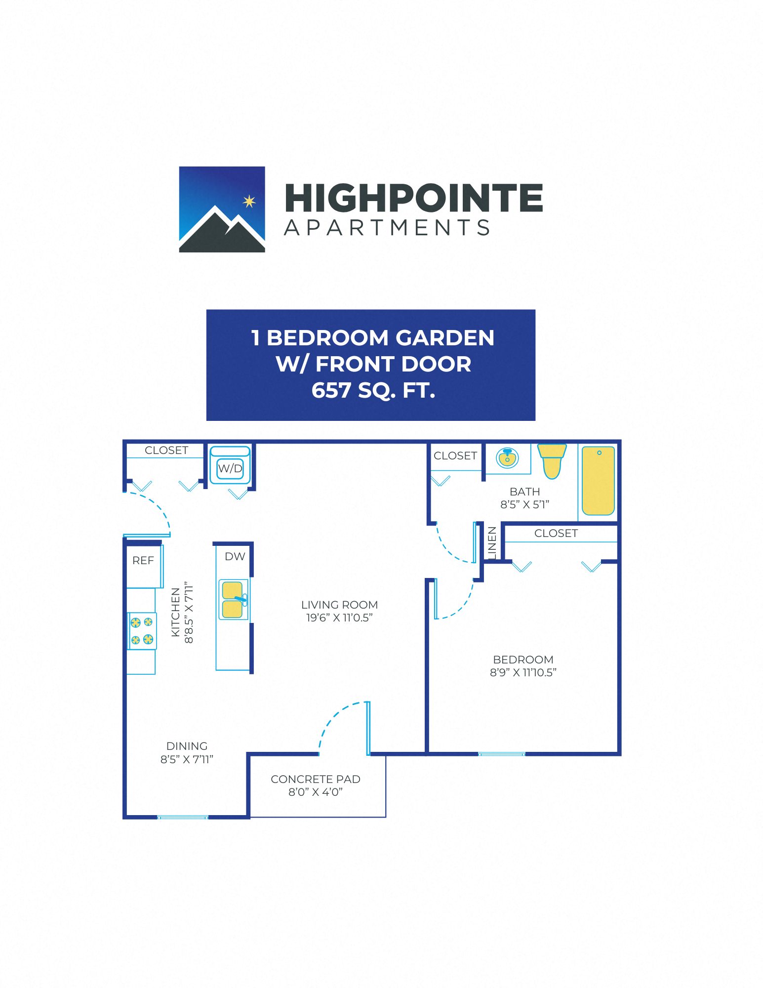 Floor plan for 1 bed, 1 bath, 657 sqft